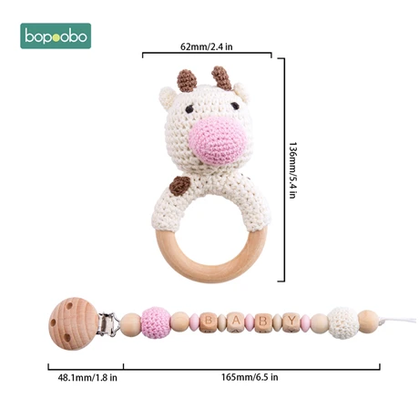 Cow Set 2 Bopobo детский Прорезыватель для зубов из пищевого силикона, деревянная детская соска с цепочкой, детская кроватка, сделай сам, индивидуальная погремушка, пустышка, браслет, набор для прорезывания зубов - Цвет: Cow Set 2