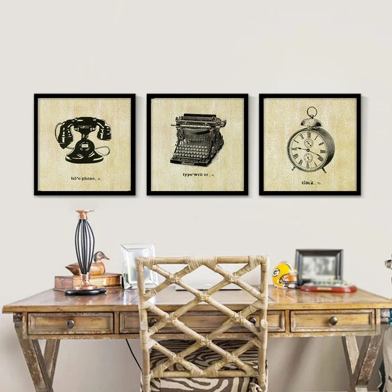 

Vintage Oil Painting Clock Telephone Printed Canvas Painting Fan Type Writer Printed Wall Picture Sticker Decoration No Frame