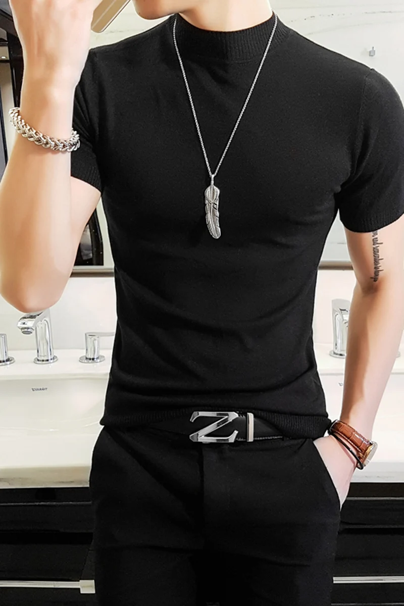 

Men's Sweaters 2019 Spring Summer Turtleneck Short Lenght Casual Solid Knitted Pullovers Slim Fit Male Clothes Sweaters Men