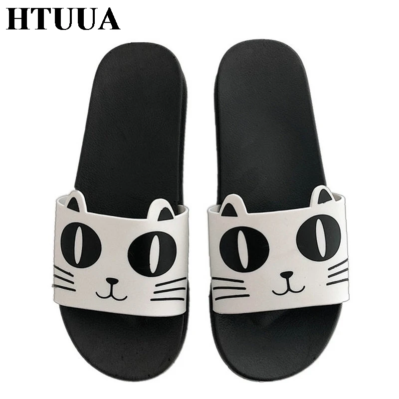 

HTUUA New Summer Shoes Women Slippers Cute Cartoon Cat Flat Slides Outside Beach Flip Flops Indoor Home Slippers Sandals SX2052
