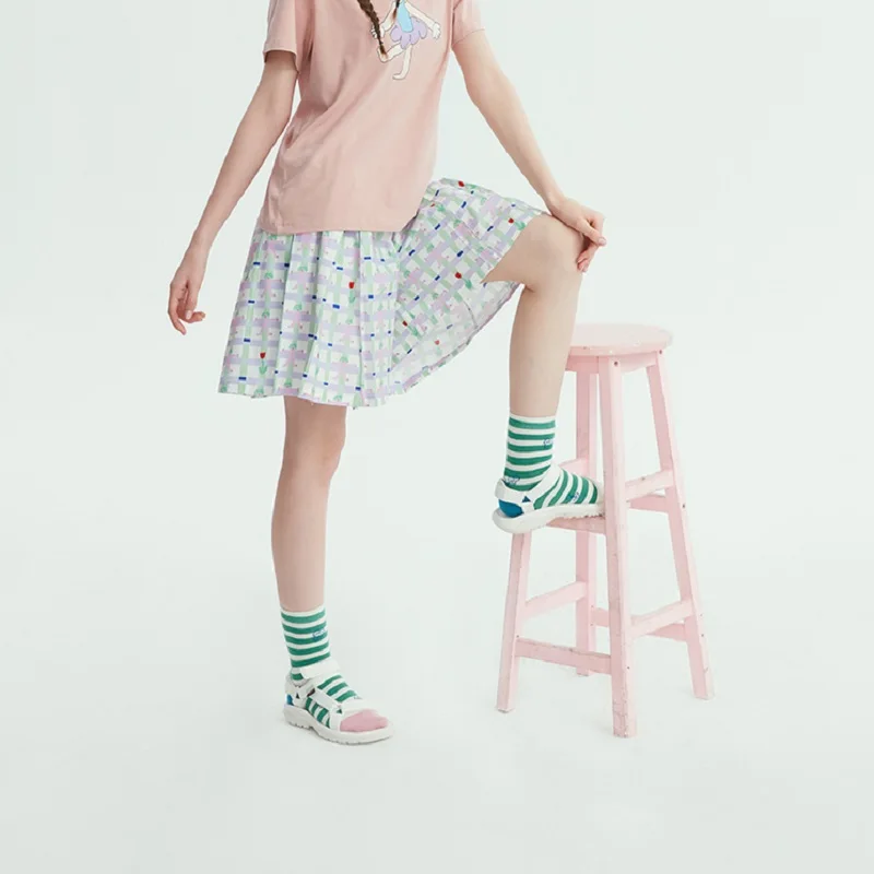 

Pleated Summer New 2019 Women Mini Skirts Purple Cartoon Full Printed Above Knee Ladies Skirt Cotton Lining Anti-privacy