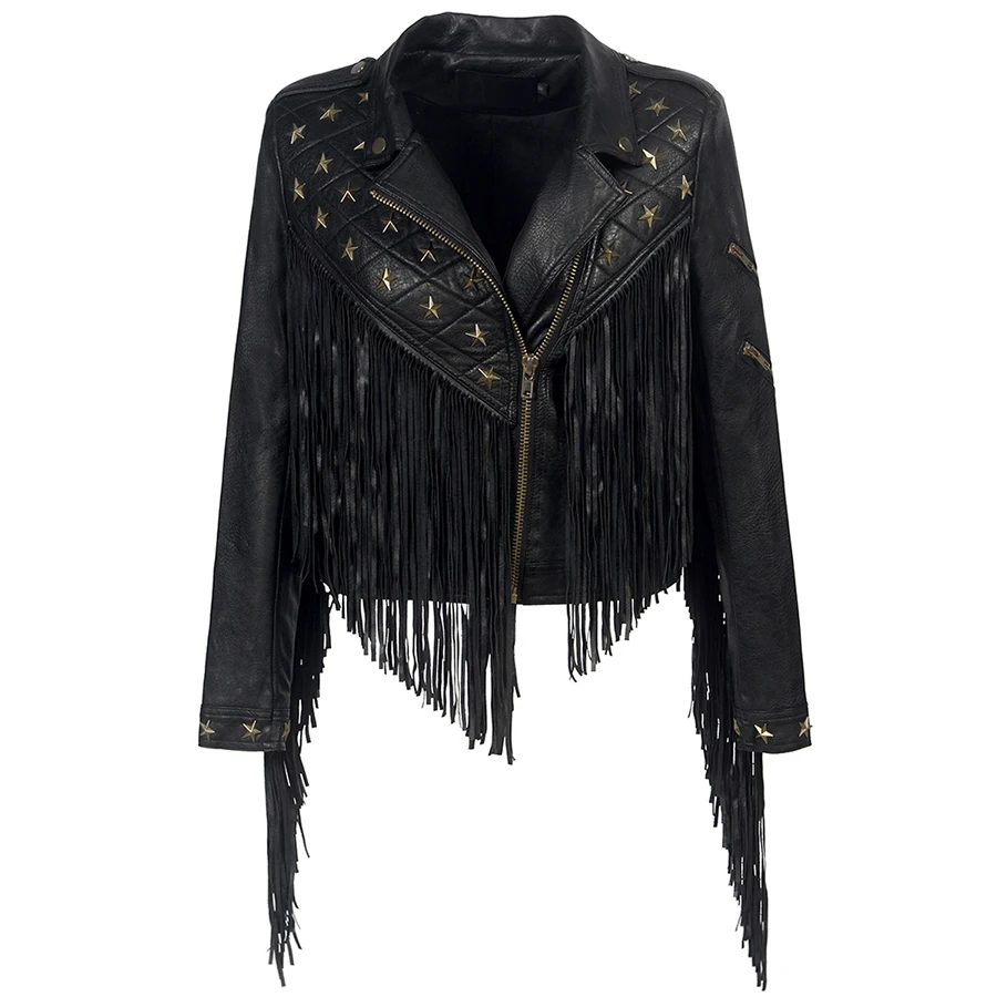 

Motorcycle leather jacket female high quality pu leather jacket coat womens tassel pu leather jackets cool rivet locomotive coat