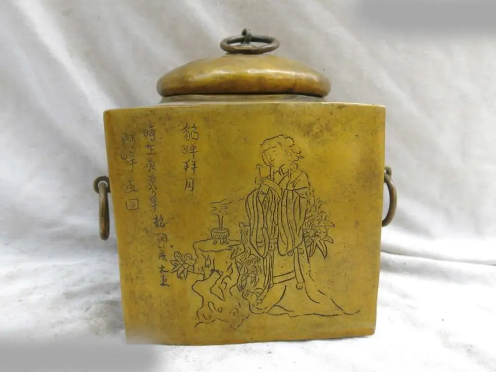 

DS Fine brass vase China copper carved two beauty Tea Caddie sculpture Statue