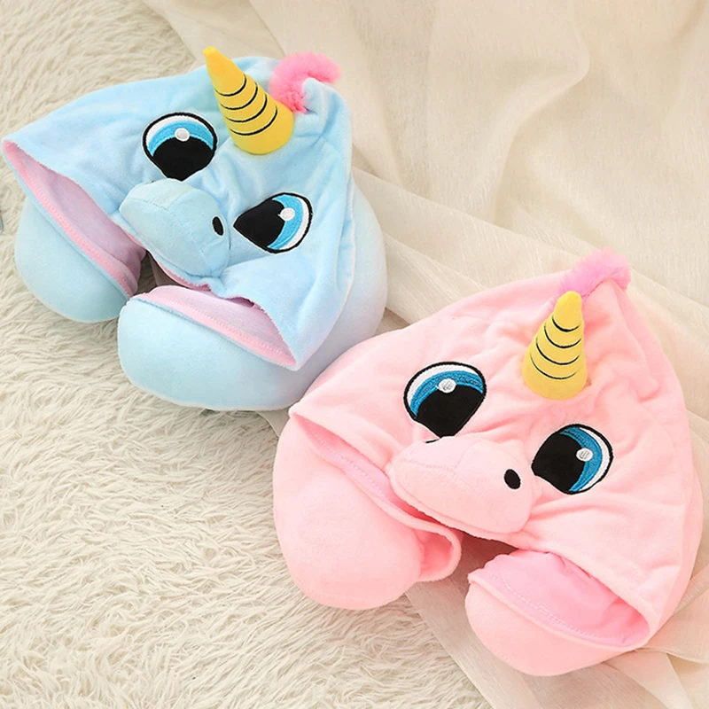

2color blue pink plush toy cartoon animal Unicorn head hat U pillow cushion neck protect sleep rest birthday gift christmas p183