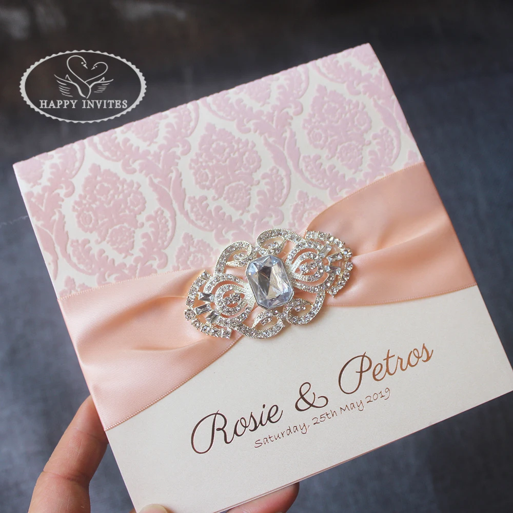 HI6023-09 Custom Ivory Wedding Card with Pink Flocking Design