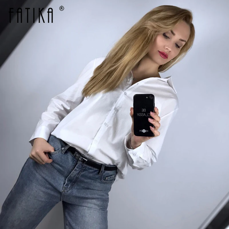  FATIKA 2019 Spring High Quality Loose Blouse Turn-Down Collar Long Sleeve Solid Basic Shirts Tops N