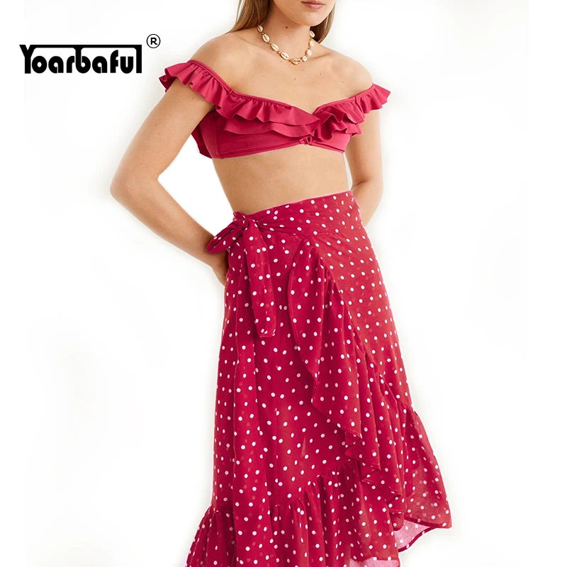 

2019 Summer Vintage Polka Dot Red Ruffles Skirts Lace Up Waist Irregular Midi Skirts High Waist Bow Jupe Longue Femme Resort