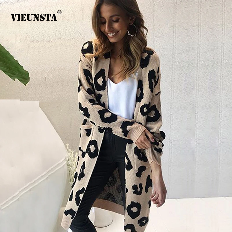 

VIEUNSTA Christmas Leopard Print Sweater Autumn Knitted Long Cardigan Coats Female Winter Open Stitch Outerwear Pocket 17 colors
