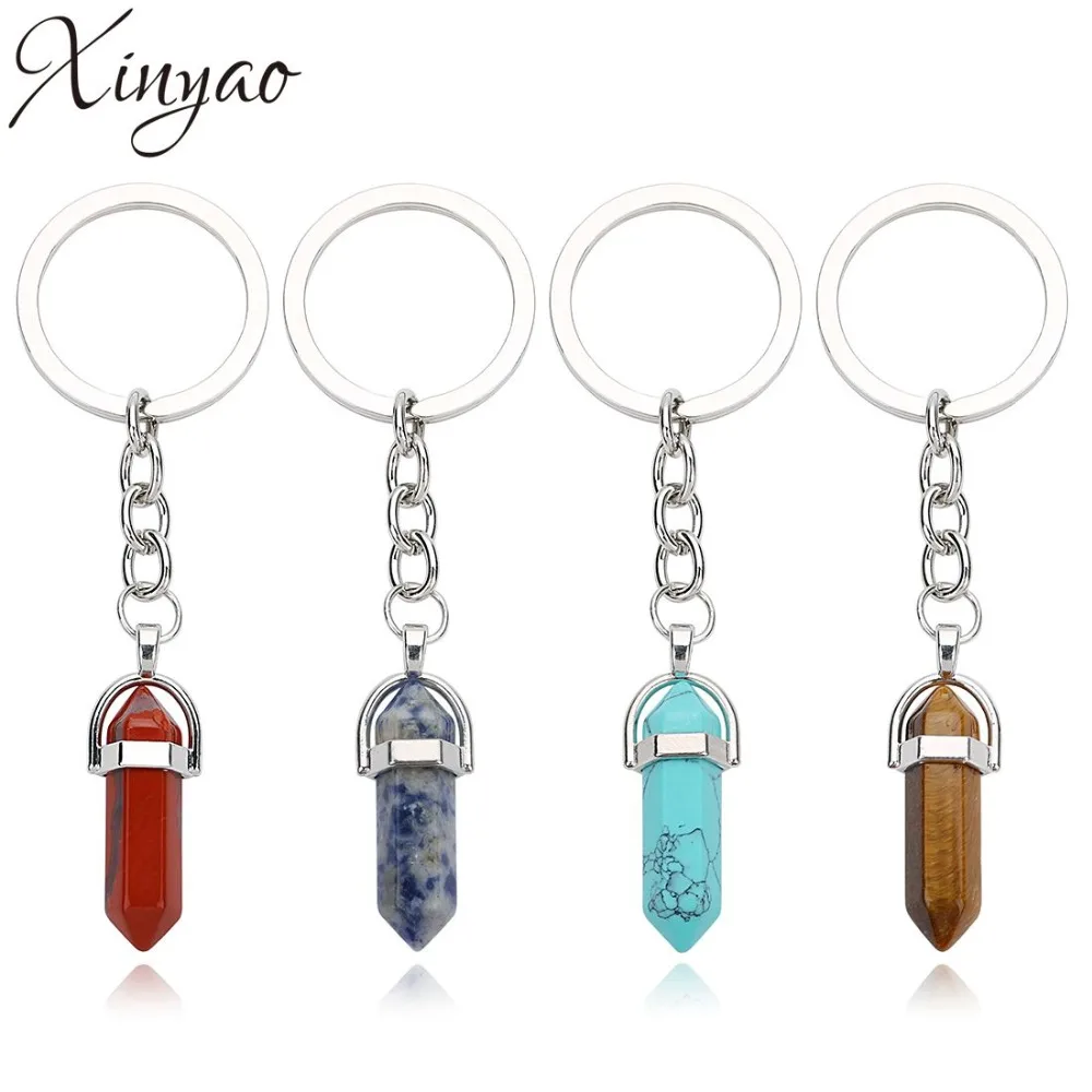 

XINYAO 2pcs/lot Nature Stone Charm Keychain Key Ring Purple Green Opal Blue Stone Pendant Keyrings For Women Men Jewelry Gift