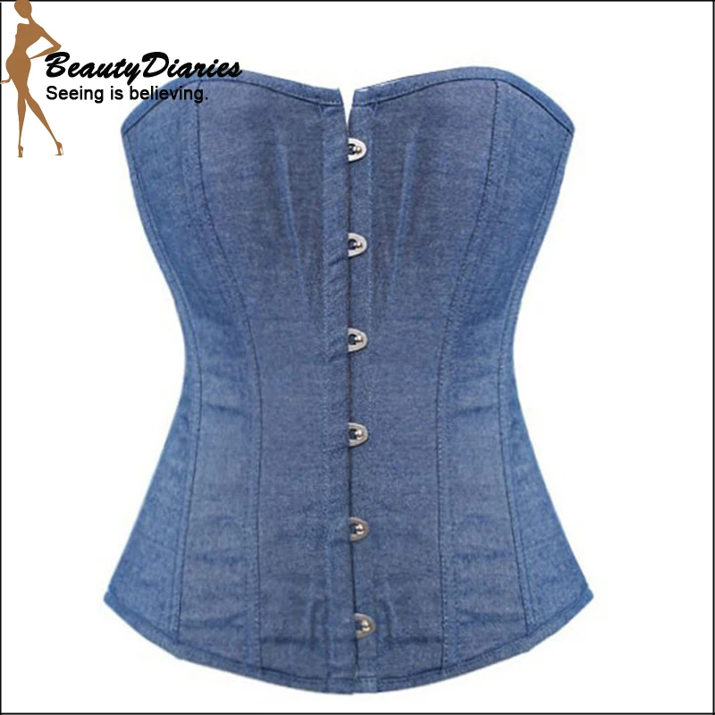 Sexy Denim Corset Overbust Waist Training Corsets Top Women Blue