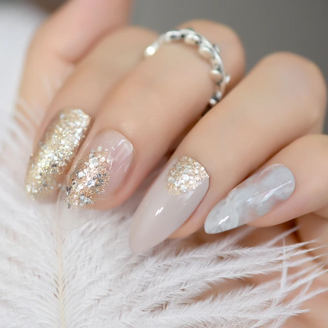 24 Pack Beige Artificial Nails Gold Glitter Stiletto Fake 24 Pack Beige Artificial Nails Gold Glitter Stiletto Fake Elegant Style Press On With