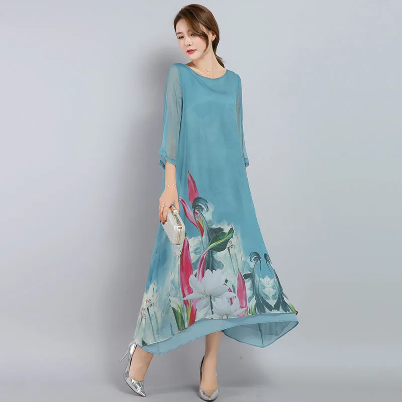 

Autumn Summer Vintage Elegant Faux Silk Chiffon Dresses Plus Size 3XL Three Quarter Sleeve Blue Floral Print Casual Dress Robe
