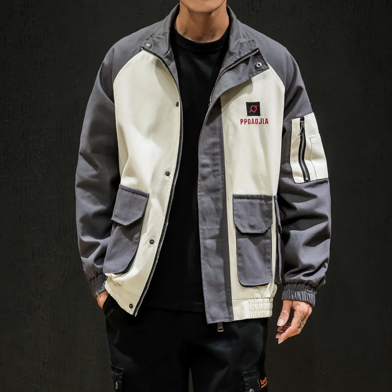 

Bomber Jacket Men Spring Autumn Cotton Patchwork Pockets Zippers Tooling Jackets Outerwear Coats Male Hip Hop Jackets Coat