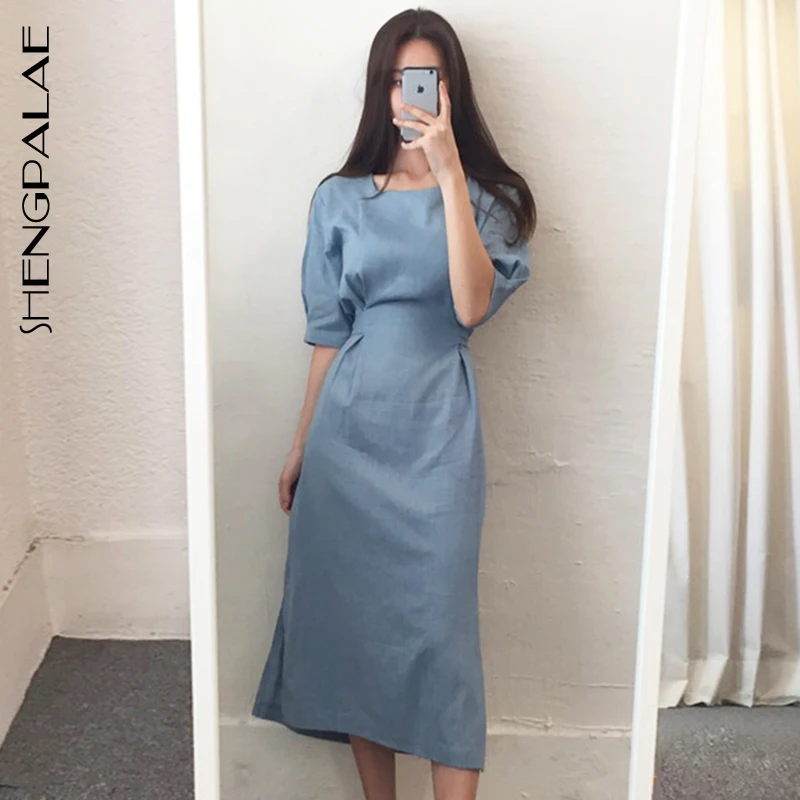 

SHENGPALAE 2019 Square Collar Puff Sleeve Blue Vestidos Half Sleeve Korean Fashion Summer Spring Women Thin Waist Dress FQ164