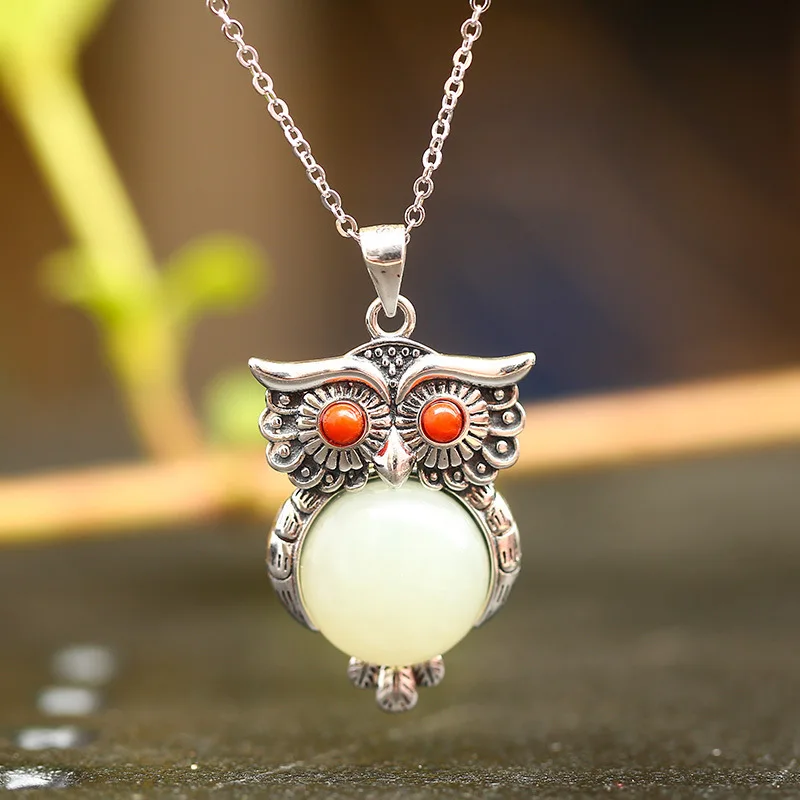 

Hui polyster S925 pure silver natural hetian jade Bai Yuna onyx Mosaic female clavicle owl pendants wholesale