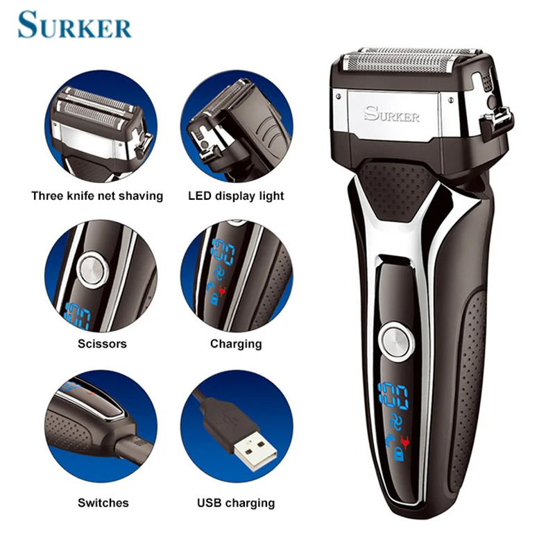

SURKER RSCX-9008 Electric Shaver Razors LCD Washable Rechargeable Reciprocating Men Beard trimmer EU Plug Father 's Day Gift