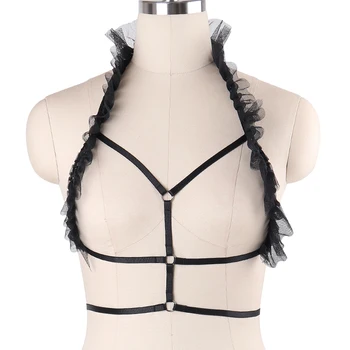 

Women Erotic Burlesque Corset Bra Sexy Body Harness Cage Black Gauze Strappy Crop Tops Bondage Harness Lingerie Goth Fetish Wear