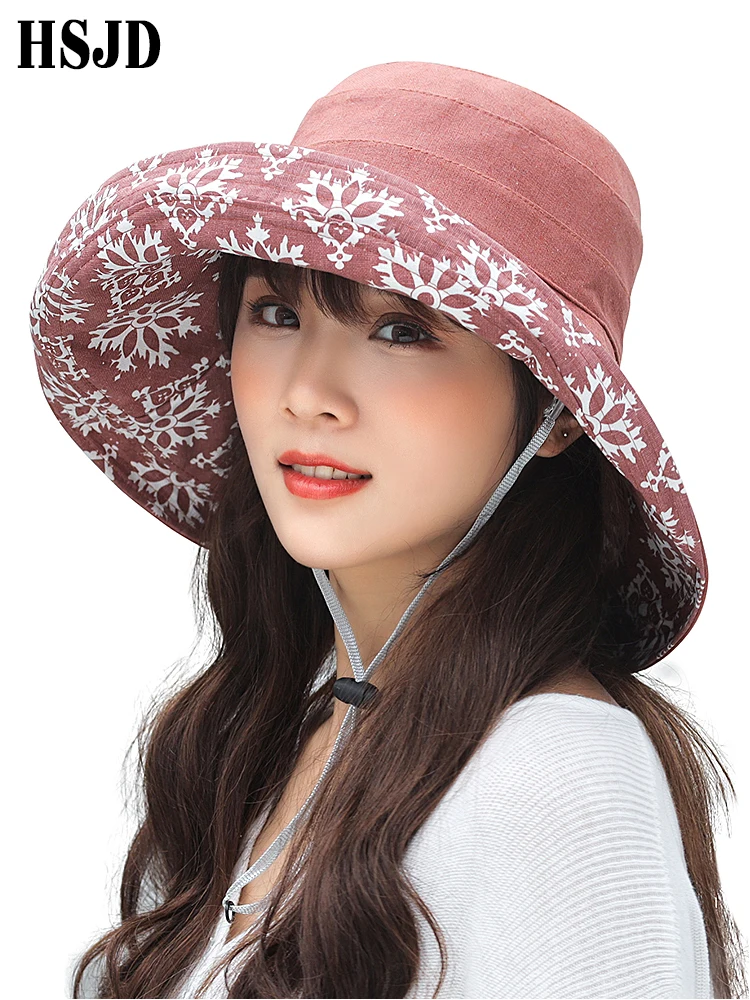 

Summer Women Snowflake Double-sided Linen Cotton Sun Hats Panama Female Foldable Bucket Cap Large Wide Brim Anti-UV Beach Hat