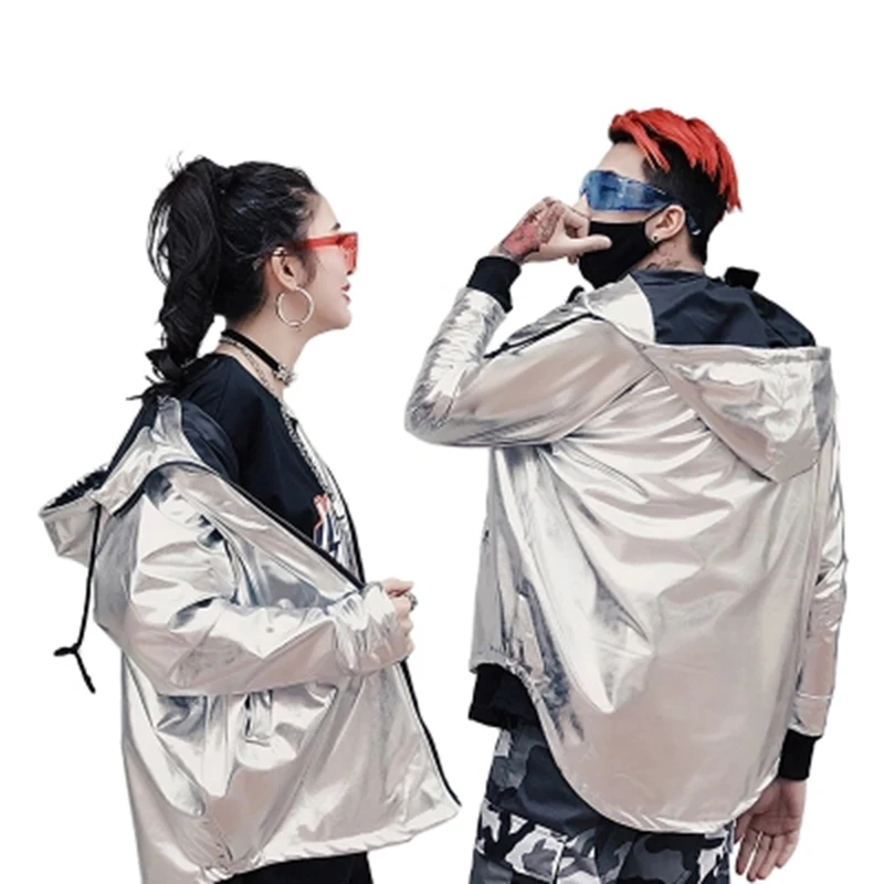 

Laser Metallic Silver Glod Jacket Men Glossy Windbreaker Hooded Luxury Mens Jackets Streetwear Hip Hop Fashion Unisex Coat Male