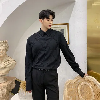 

Male Vintage Fashion Business Casual Lace Dress Shirts Harajuku Streetwear Men White Black Long Sleeve Shirt