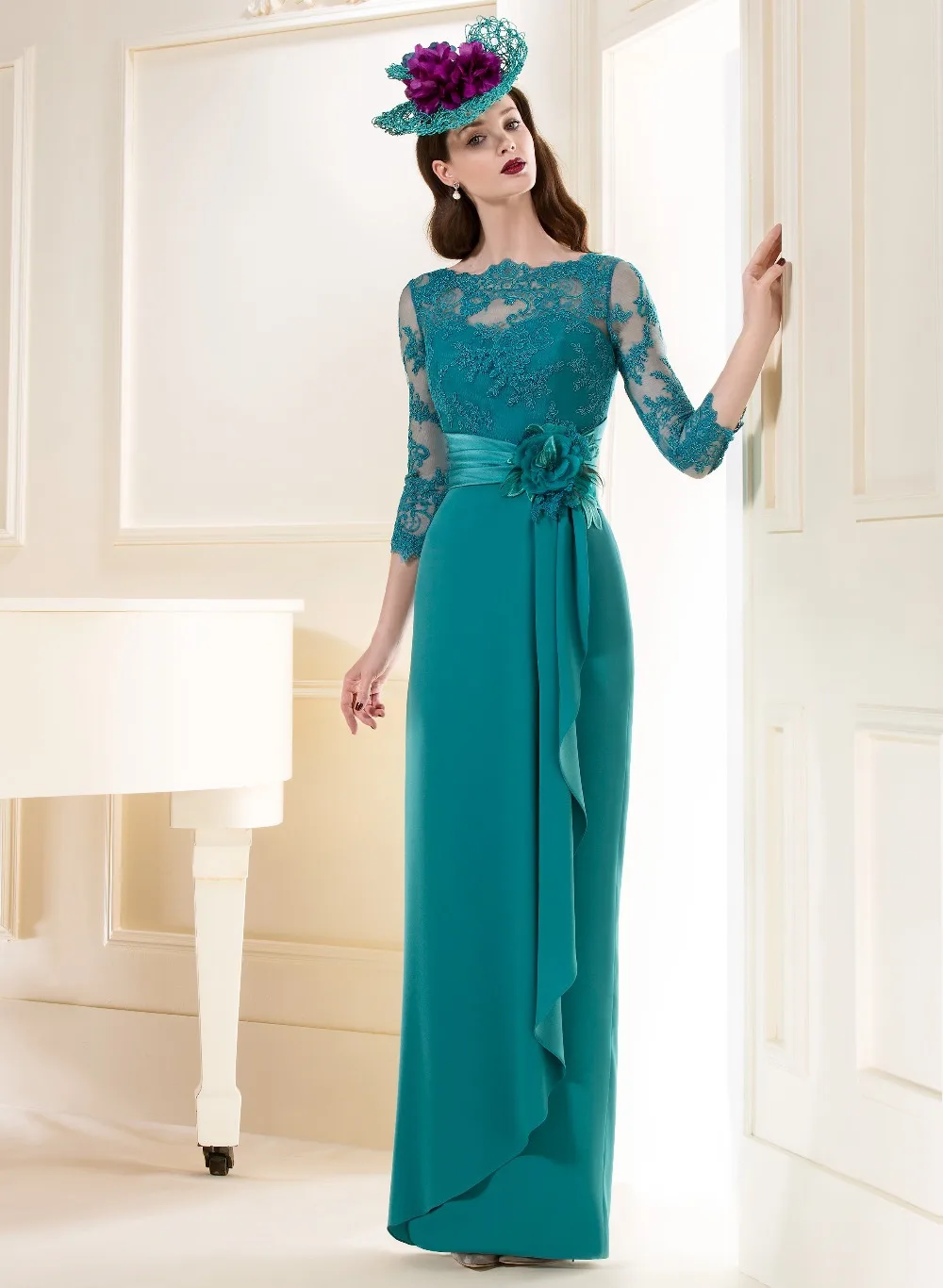 

Vestido De Festa Longo Com Renda Sexy turquoise Lace Long Evening Dress Elegant Long Sleeve Evening Dress 2015 Evening Gown