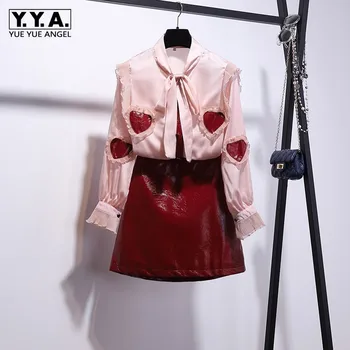 

Sweet Style Chic Elegant Women 2 piece outfits Love Ruffles Bow Slim Fit Satin Shirt Top High Waist Red PU Leather A-Line Skirt