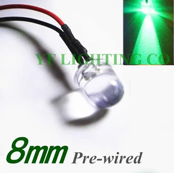 

100pcs/lots 8mm led DC12V Pre Wired led water clear Green DIP LED 20mm cable prewired led