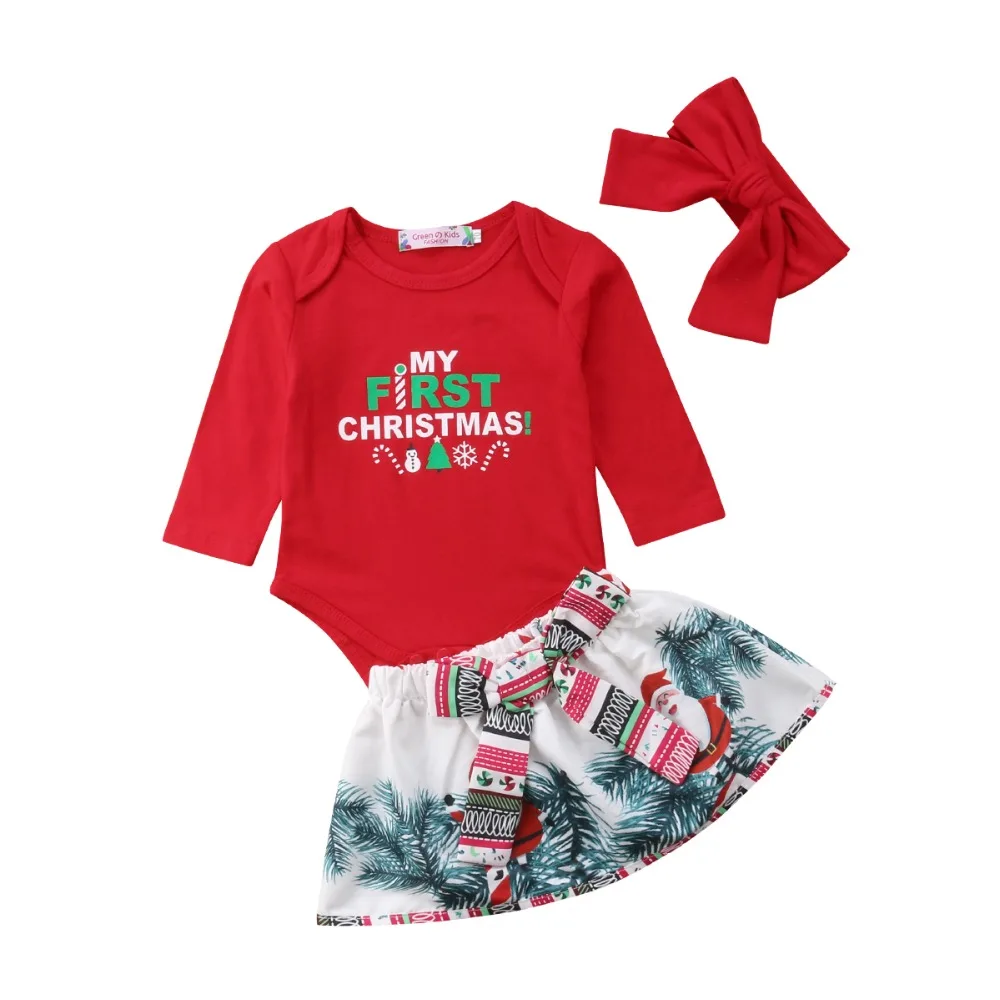 

3pcs/set Kids Baby Girls My First Christmas Long Sleeve Bodysuit Jumpsuit + Printed Skirt + Headband Baby Girls Clothes