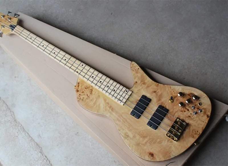 

Factory Wholesale 4-string Neck-Thru-Body Electric Bass Guitar with Tree Burl Paterrn,Gold Hardwares,Offer Customized