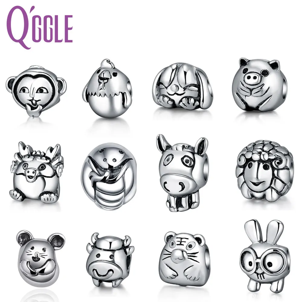 

QGGLE Chinese Zodiac Animals Rat Ox Tiger Rabbit Dragon Snake Horse Ram Monkey Cock Dog Pig Charm & Bead Fit Bracelets