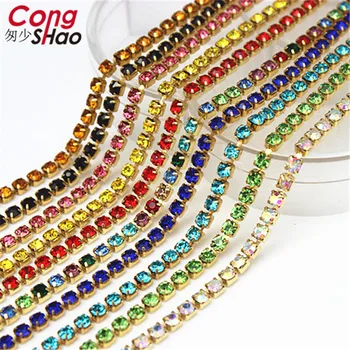 

2mm 2.5mm 2.8mm 3mm 2Yard Colorful Sew on Crystal Rhinestone Cup Chain Gold Based Claw for Party Dinner Dress Accessories 8Y1200