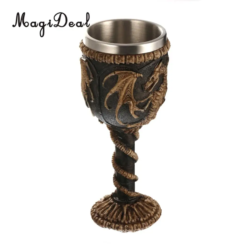 MagiDeal Practical Gothic Double Wall Resin Stainless Steel Dragon Wine Goblet Steampunk Collectible Decorative Craft Gift Cup