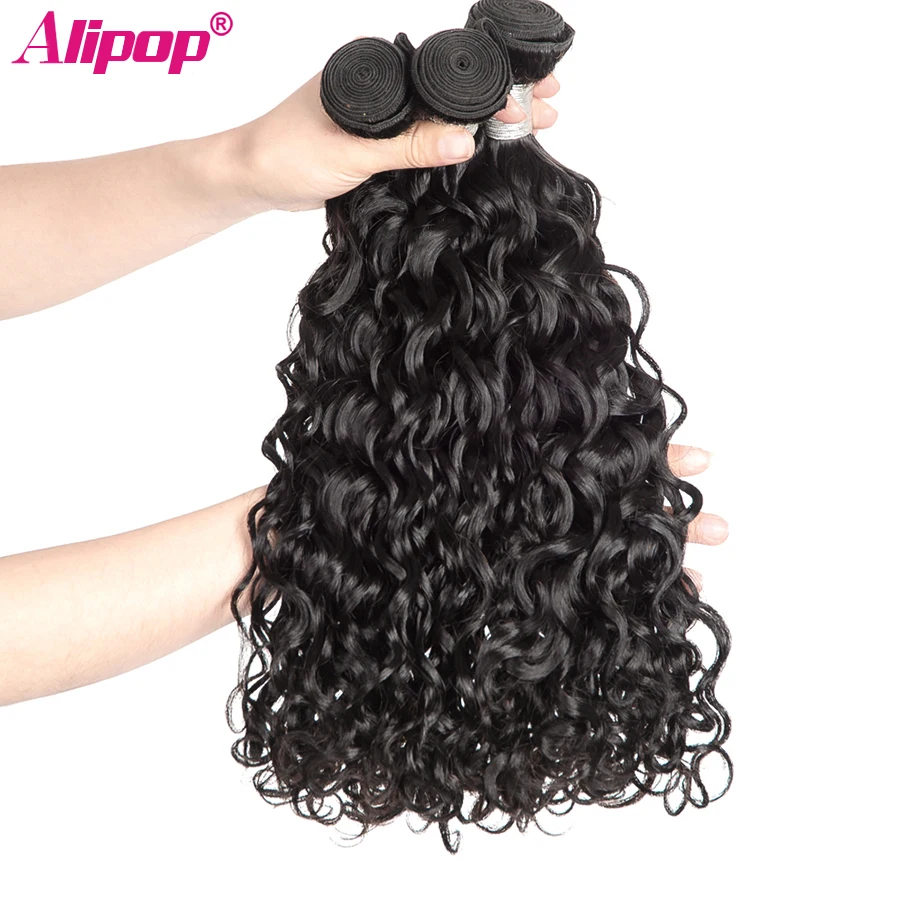 ALIPOP Water Wave Peruvian hair 4 bundles deals Remy Human Hair Bundles Hair Extensions Weaving Natural Black No sheds  (1)
