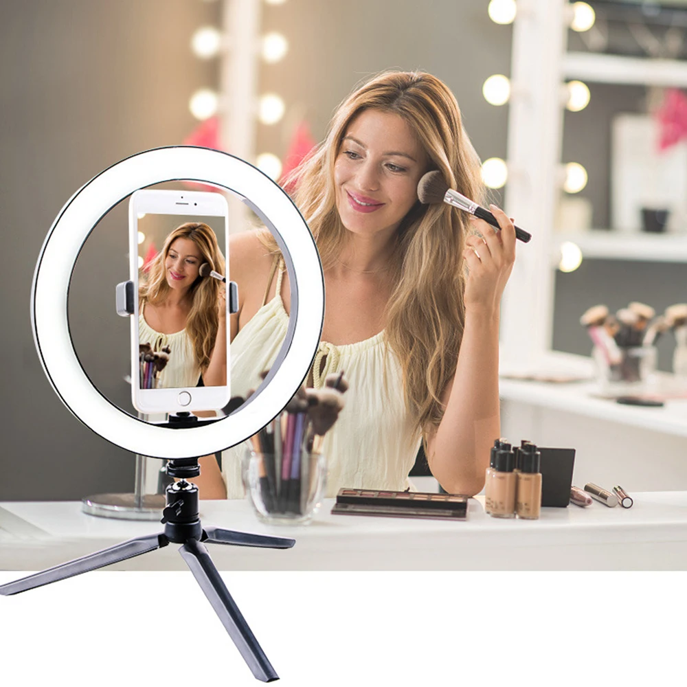 Светодиодный светильник-зеркало для макияжа для фотосъемки, кольцевой светильник для селфи 260 мм, лампа с регулируемой яркостью, настольные штативы, светильник для мобильного телефона