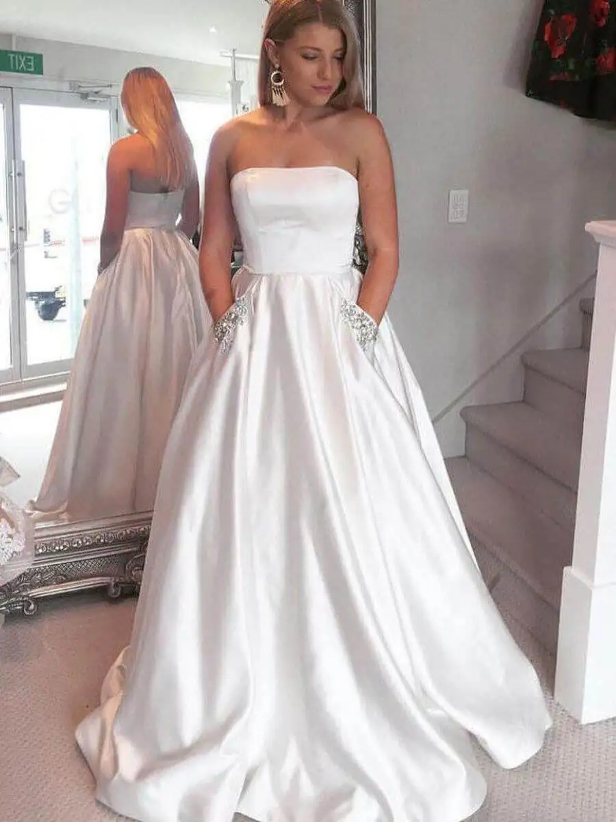 Satin Evening Dresses Long 2019 A-Line Vestido De Festa Strapless Party Formal Prom Pageant Ball Gowns Lace Up Corset
