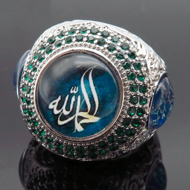 High Quality Men's Cool Large Green Stone Ring Islam Arabic God Message Huge Signet  Punk Jewelry anillo hombre Z5X808