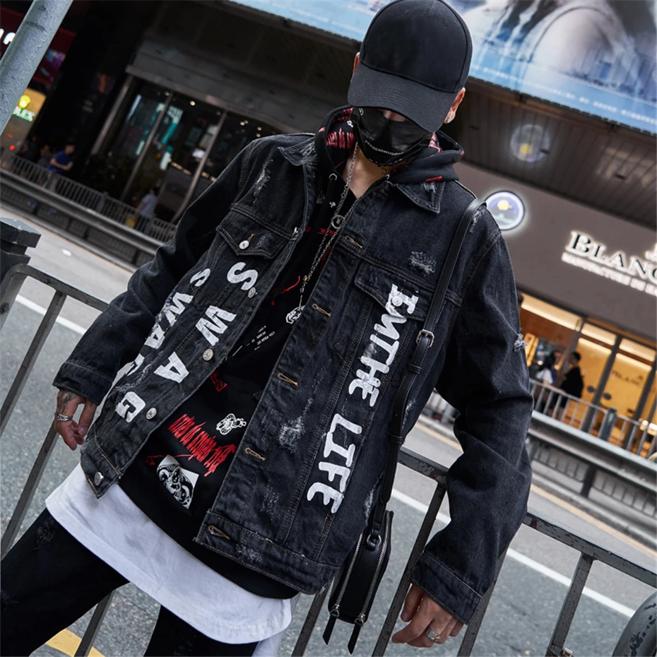 Hip Hop Denim Jackets Men Harajuku Letter Print Jeans Jacket Coat Mens Hole Destroyed Jeans Jackets Streetwear Black WG352