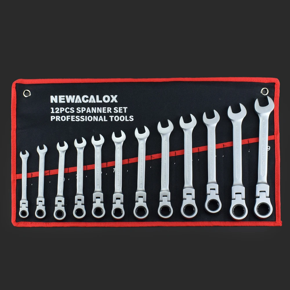 NEWACALOX 12 pcs/lot Professional Flexible Head Ratchet Wrench Combination Spanner Set Universal Wrench for Car Repair Tools
