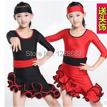 Новинка черный красный неравный длинный рукав коктейльный бальный латинский танцевальный костюм танцевальное платье для девочек