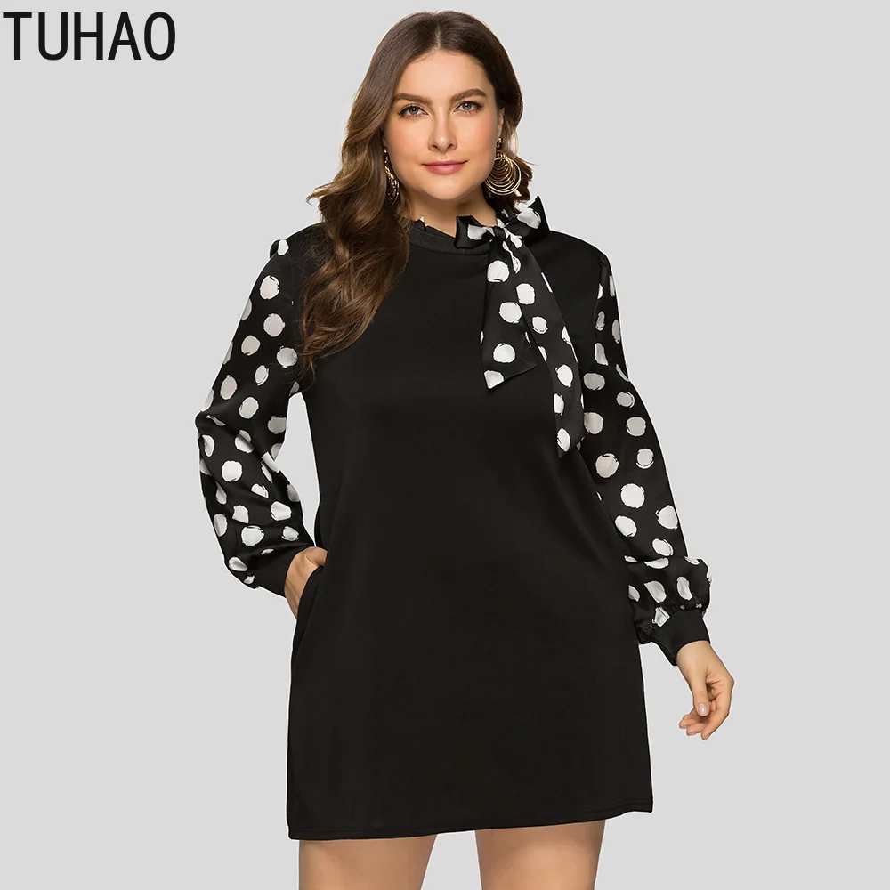 

TUHAO Autumn Women Elegant Black Dot Print Dress Plus Size 5XL 4XL 3XL Bow-tie Lantern Sleeve Office Lady Straight Dresses LW68
