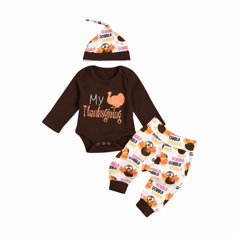 

Newborn Baby boys girls clothes My first Thanksgiving Letter print Bodysuit+pants+Hat 3pcs sets Autumn Baby clothing outfit
