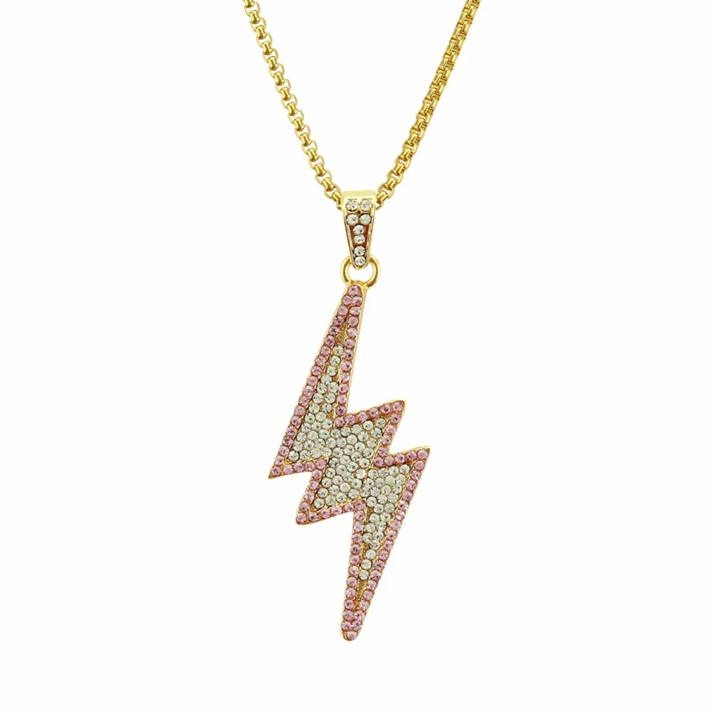 

Hip Hop AAA CZ Stone Bling Ice Out Gold Color Lightning Pendant Necklaces for Men Women Jewelry with 30inch Square Pearl Chain