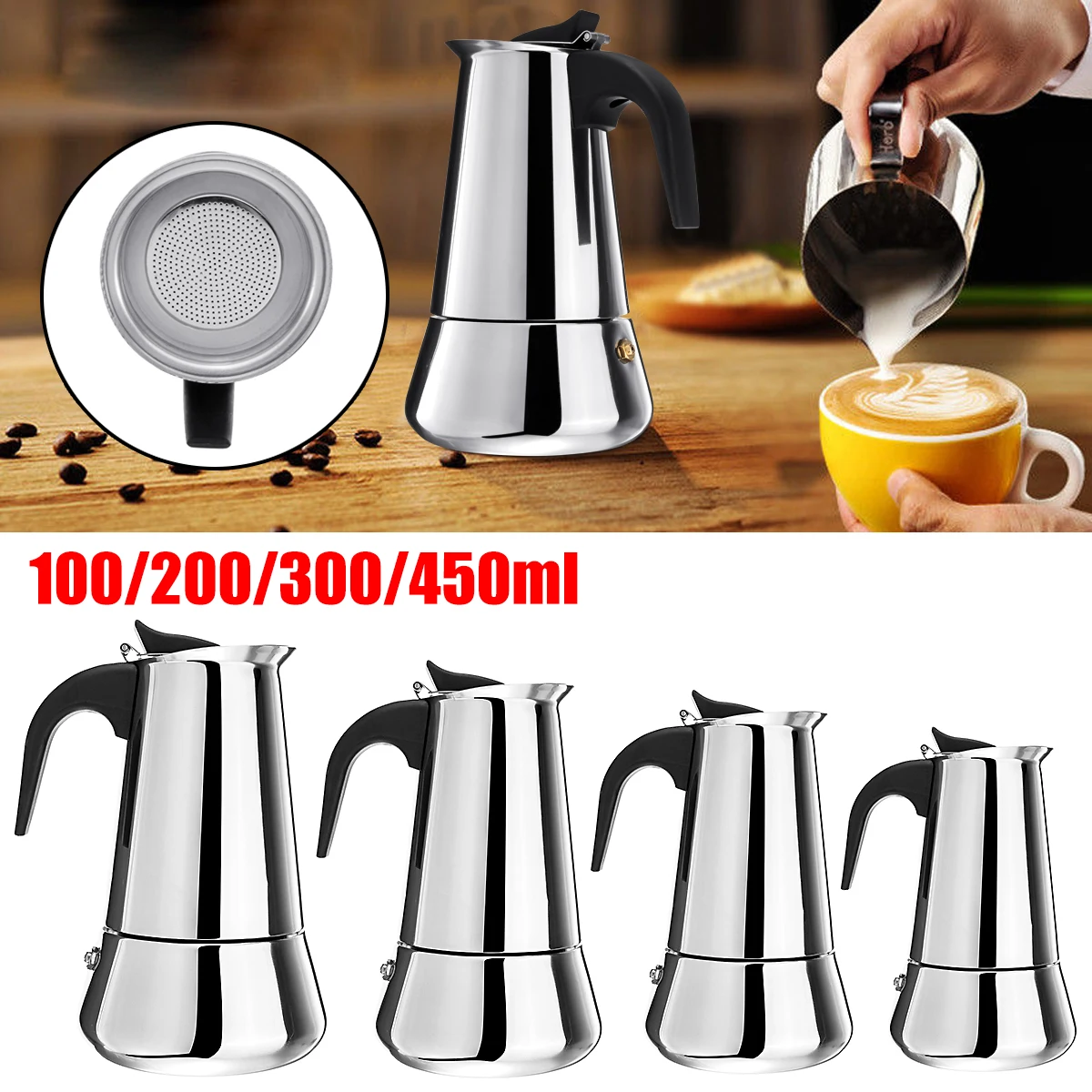 Stainless Steel Moka Coffee Maker Pot Mocha Espresso Latte Stovetop