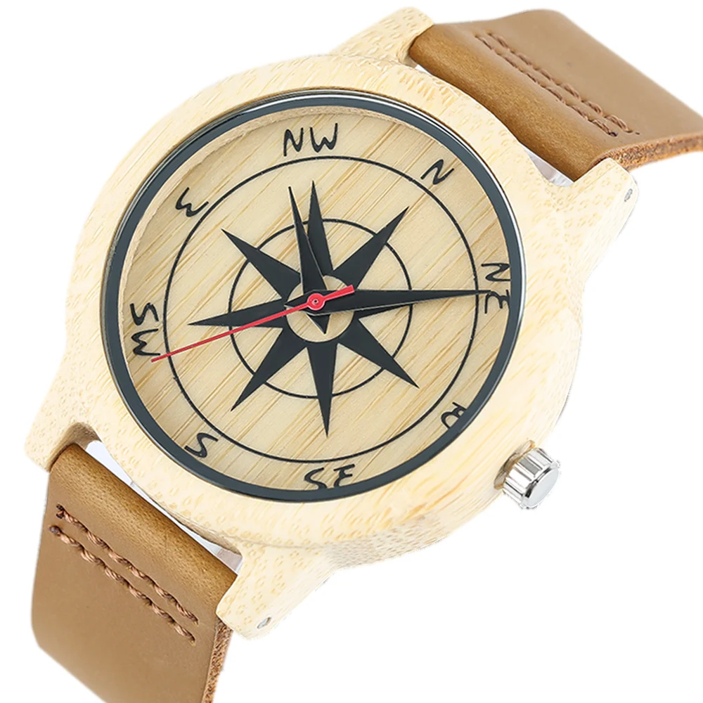 Creative Compass Pattern Wooden Watches for Women Men Real Leather Band