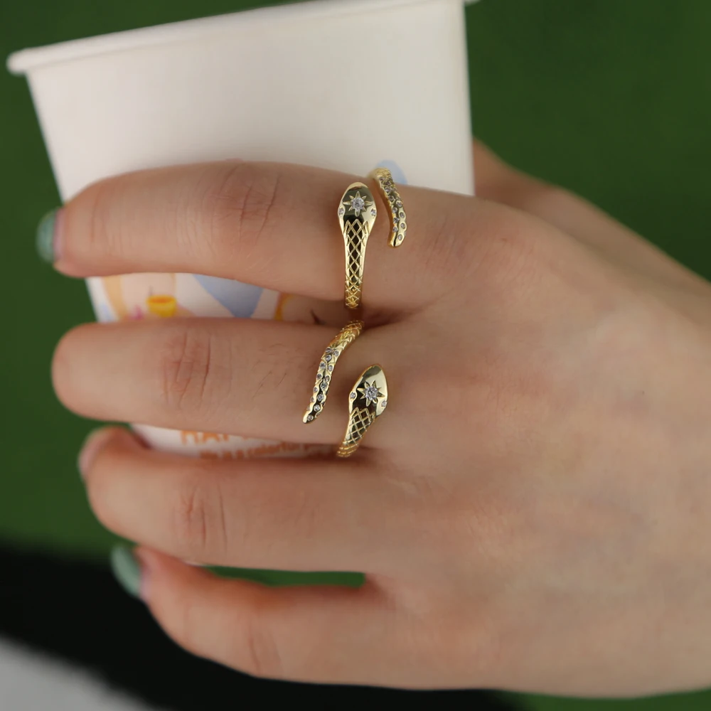 Animals snake shape micro pave cz sparking ring bling stabrust star engraved charm adjust band fashion trendy finger rings | Украшения и