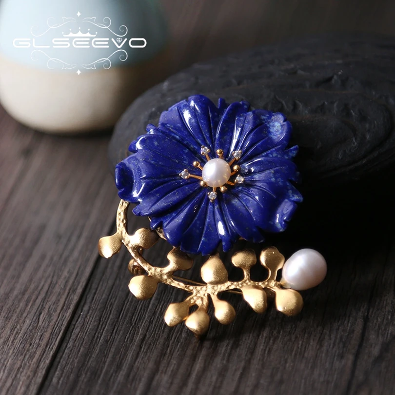 

GLSEEVO Natural Lapis Lazuli Flower Brooch Pin Fresh Water Pearl Brooches For Women Dual Use Fine Designer Jewelry Luxury GO0213