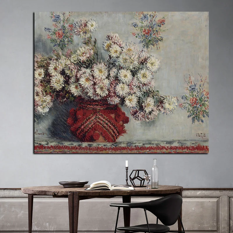 HD Print Still Life Wild Chrysanthemums Vase Monet Floral Oil Painting on Canvas Art Sofa Wall Picture for Living Room Cuadros
