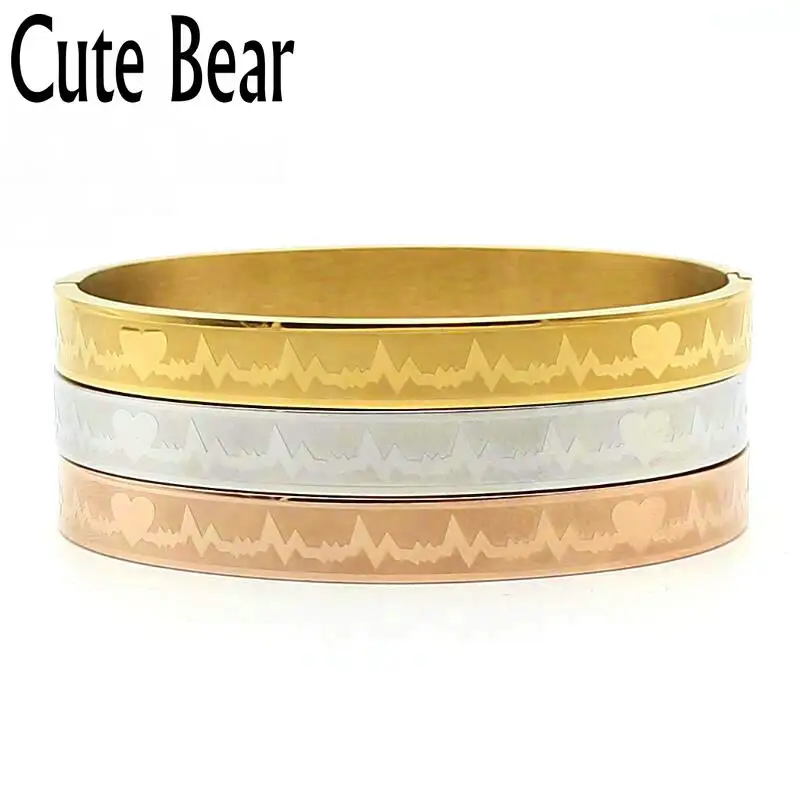 

Cute Bear Brand Stainless Steel Heartbeat Bangles Men Women Fashion Charm Cuff Bracelets & Bangles For Women Jewelry Gift