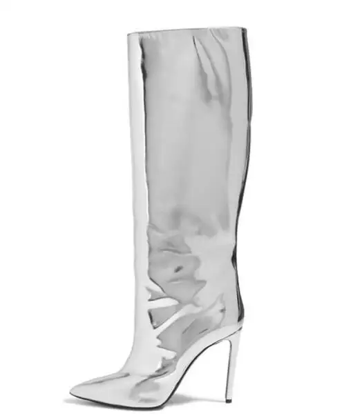 

Fashion woman silvery solid knee-high boots Ladies spring and fall pointed toe super high thin heel short boots SIZE 34-44