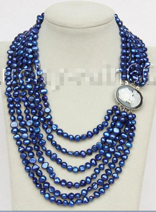 

>>>>baroque 16"-21" 6row 7mm blue pearls necklace seashell clasp E8776